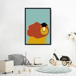 Quadro Infantil Cartoon Leão 60x43 Caixa Preto
