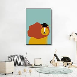 Quadro Infantil Cartoon Leão 60x43 Filete Preto