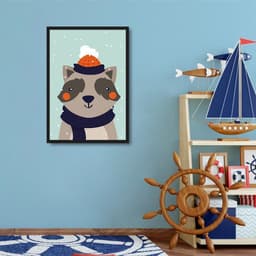 Quadro Infantil Guaxinim na Neve 43x30 Caixa Preto