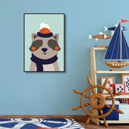 Quadro Infantil Guaxinim na Neve 43x30 Filete Preto