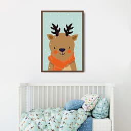 Quadro Infantil Rena na Neve 43x30 Caixa Marrom
