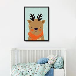 Quadro Infantil Rena na Neve 43x30 Caixa Preto