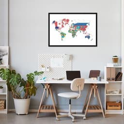 Quadro Mapa Mundi Bandeiras dos Países 100x70 Caixa Preto