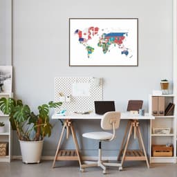 Quadro Mapa Mundi Bandeiras dos Países 86x60 Filete Marrom