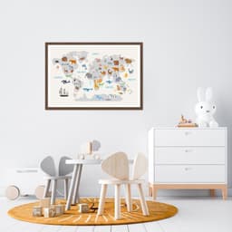 Quadro Mapa Mundi Infantil Animais 100x70 Caixa Marrom