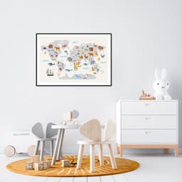 Quadro Mapa Mundi Infantil Animais 100x70 Filete Preto