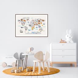 Quadro Mapa Mundi Infantil Animais 60x43 Filete Marrom
