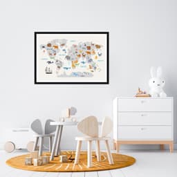 Quadro Mapa Mundi Infantil Animais 86x60 Caixa Preto