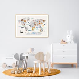 Quadro Mapa Mundi Infantil Animais 86x60 Filete Marfim