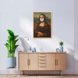 Quadro Mona Lisa de Máscara Pandemia 100x70 Caixa Marfim