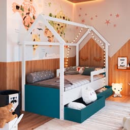 Cama Infantil Montessoriana Miney 2 Gavetas Branco e Azul