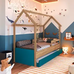 Cama Infantil Montessoriana com Cama Auxiliar Miney Aveiro e Azul