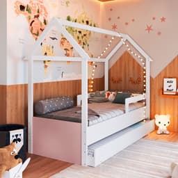 Cama Infantil Montessoriana com Cama Auxiliar Miney Branco e Rosa