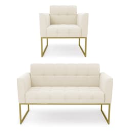 Kit 1 Sofá Namoradeira e 1 Poltrona Elisa Veludo Base Metálica Industrial Dourado - D'Rossi