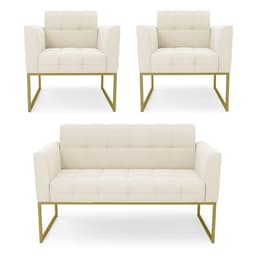 Kit 1 Sofá Namoradeira e 2 Poltronas Elisa Veludo Base Metálica Industrial Dourado - D'Rossi