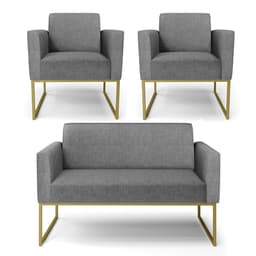 Sofá Namoradeira com 2 Poltronas Base Industrial Dourado Marisa Linho Grafite A26 D03 - D'Rossi