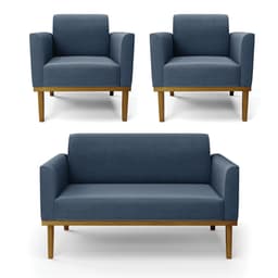 Sofá Namoradeira com 2 Poltronas Base de Madeira Fixa Castanho Marisa Suede Azul Marinho D03 - D'Rossi