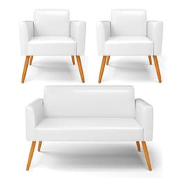 Sofá Namoradeira com 2 Poltronas Pés Palito Castanho Marisa Corano Branco D03 - D'Rossi