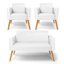 Sofá Namoradeira com 2 Poltronas Pés Palito Castanho Marisa Corino Branco D03 - D'Rossi