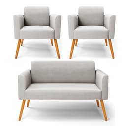 Sofá Namoradeira com 2 Poltronas Pés Palito Castanho Marisa Veludo Cinza D03 - D'Rossi