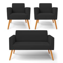 Sofá Namoradeira com 2 Poltronas Pés Palito Castanho Marisa Veludo Preto D03 - D'Rossi