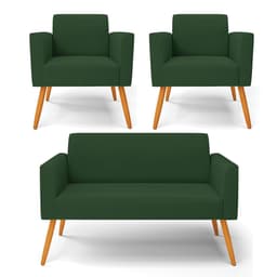 Sofá Namoradeira com 2 Poltronas Pés Palito Castanho Marisa Veludo Verde D03 - D'Rossi