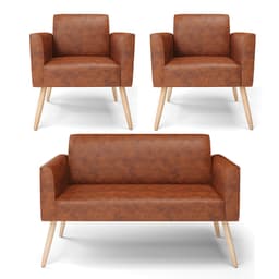 Sofá Namoradeira com 2 Poltronas Pés Palito Natural Marisa Corano Nozes D03 - D'Rossi