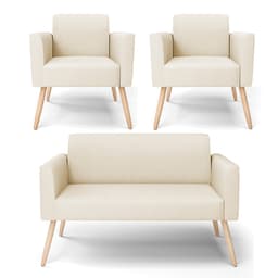 Sofá Namoradeira com 2 Poltronas Pés Palito Natural Marisa Linho Bege A19 D03 - D'Rossi