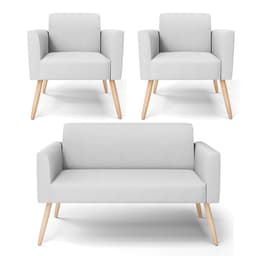 Sofá Namoradeira com 2 Poltronas Pés Palito Natural Marisa Linho Cinza A05 D03 - D'Rossi