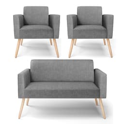 Sofá Namoradeira com 2 Poltronas Pés Palito Natural Marisa Linho Grafite A26 D03 - D'Rossi