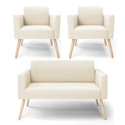 Sofá Namoradeira com 2 Poltronas Pés Palito Natural Marisa Veludo Bege D03 - D'Rossi