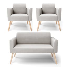 Sofá Namoradeira com 2 Poltronas Pés Palito Natural Marisa Veludo Cinza D03 - D'Rossi