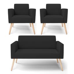 Sofá Namoradeira com 2 Poltronas Pés Palito Natural Marisa Veludo Preto D03 - D'Rossi