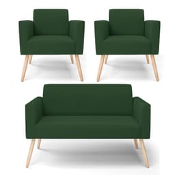 Sofá Namoradeira com 2 Poltronas Pés Palito Natural Marisa Veludo Verde D03 - D'Rossi
