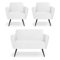 Sofá Namoradeira com 2 Poltronas Pés Palito de Ferro Bruna Corino Branco - D'Rossi