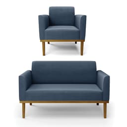 Sofá Namoradeira com Poltrona Base de Madeira Fixa Castanho Marisa Suede Azul Marinho D03 - D'Rossi
