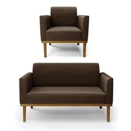Sofá Namoradeira com Poltrona Base de Madeira Fixa Castanho Marisa Suede Marrom D03 - D'Rossi