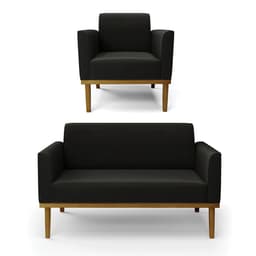 Sofá Namoradeira com Poltrona Base de Madeira Fixa Castanho Marisa Suede Preto D03 - D'Rossi