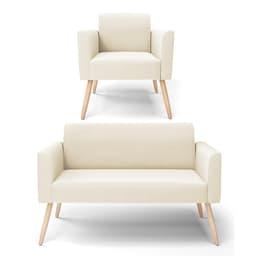 Sofá Namoradeira com Poltrona Pés Palito Natural Marisa Veludo Bege D03 - D'Rossi