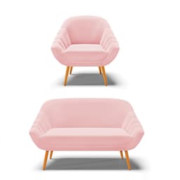 Kit 01 Namoradeira 02 Lugares e 01 Poltrona Giovana Suede Rosa Bebê Pés Palito Castanho - D'Rossi