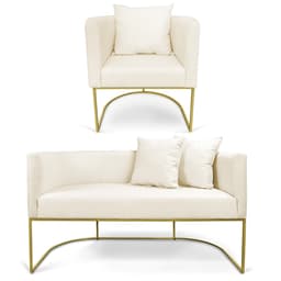 Kit 01 Namoradeira 02 Lugares e 01 Poltrona Paola Linho Base Metálica Dourado - D'Rossi