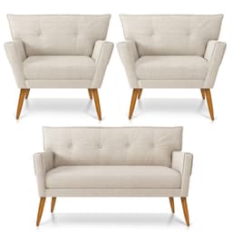 Kit 01 Namoradeira 02 Lugares e 02 Poltronas Anitta Linho Pés Palito Castanho - D'Rossi