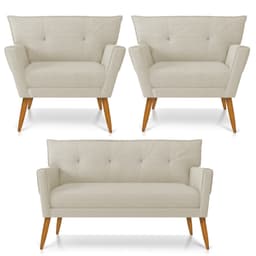 Kit 01 Namoradeira 02 Lugares e 02 Poltronas Anitta com Strass Linho Pés Palito Castanho - D'Rossi