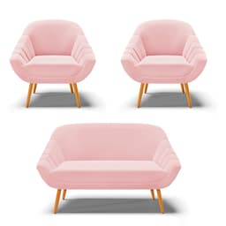 Kit 01 Namoradeira 02 Lugares e 02 Poltronas Giovana Suede Rosa Bebê Pés Palito Castanho - D'Rossi