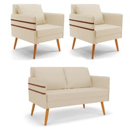 Kit 01 Namoradeira 02 Lugares e 02 Poltronas Mari Linho Pés Palito Castanho - D'Rossi