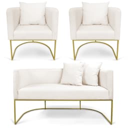 Kit 01 Namoradeira 02 Lugares e 02 Poltronas Paola Linho Base Metálica Dourado - D'Rossi