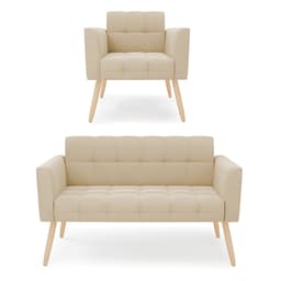 Kit 1 Sofá Namoradeira e 1 Poltrona Elisa Suede Pés Palito Natural - D'Rossi