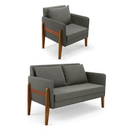 Kit 1 Sofá Namoradeira e 1 Poltrona Lana Suede Grafite Base de Madeira - D'Rossi