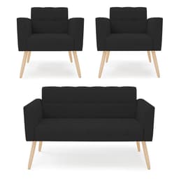 Kit 1 Sofá Namoradeira e 2 Poltronas Elisa Veludo Preto Pés Palito Natural - D'Rossi
