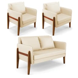 Kit 1 Sofá Namoradeira e 2 Poltronas Lana Sintético Base de Madeira - D'Rossi